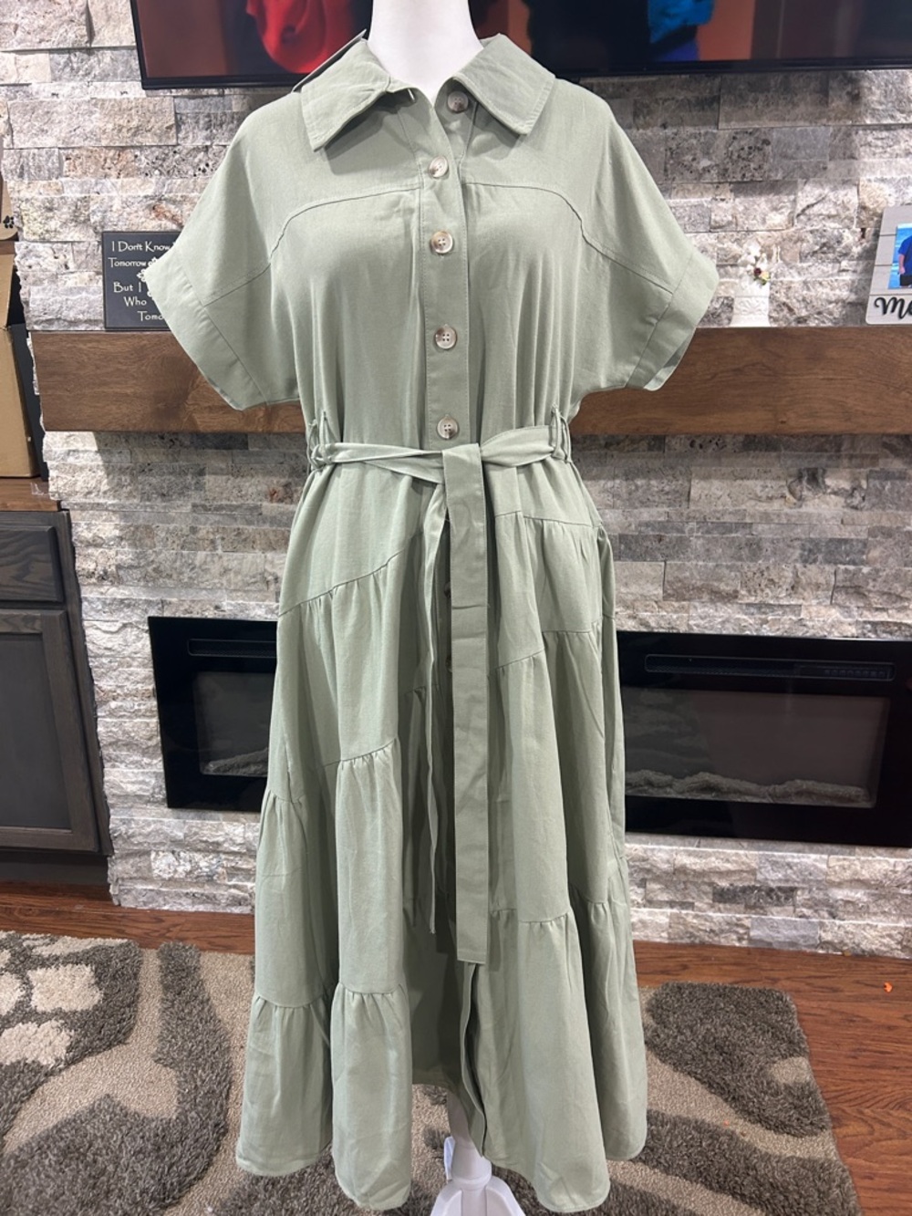 Polagram Sage Green Tiered Button-Front Maxi Dress with Tie Waist. NWT size S